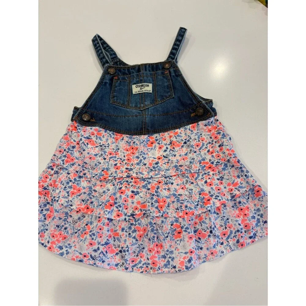 OshKosh B’gosh Toddler Denim Floral Overall Dress Ruffle Skirt Blue Pink- 24M
